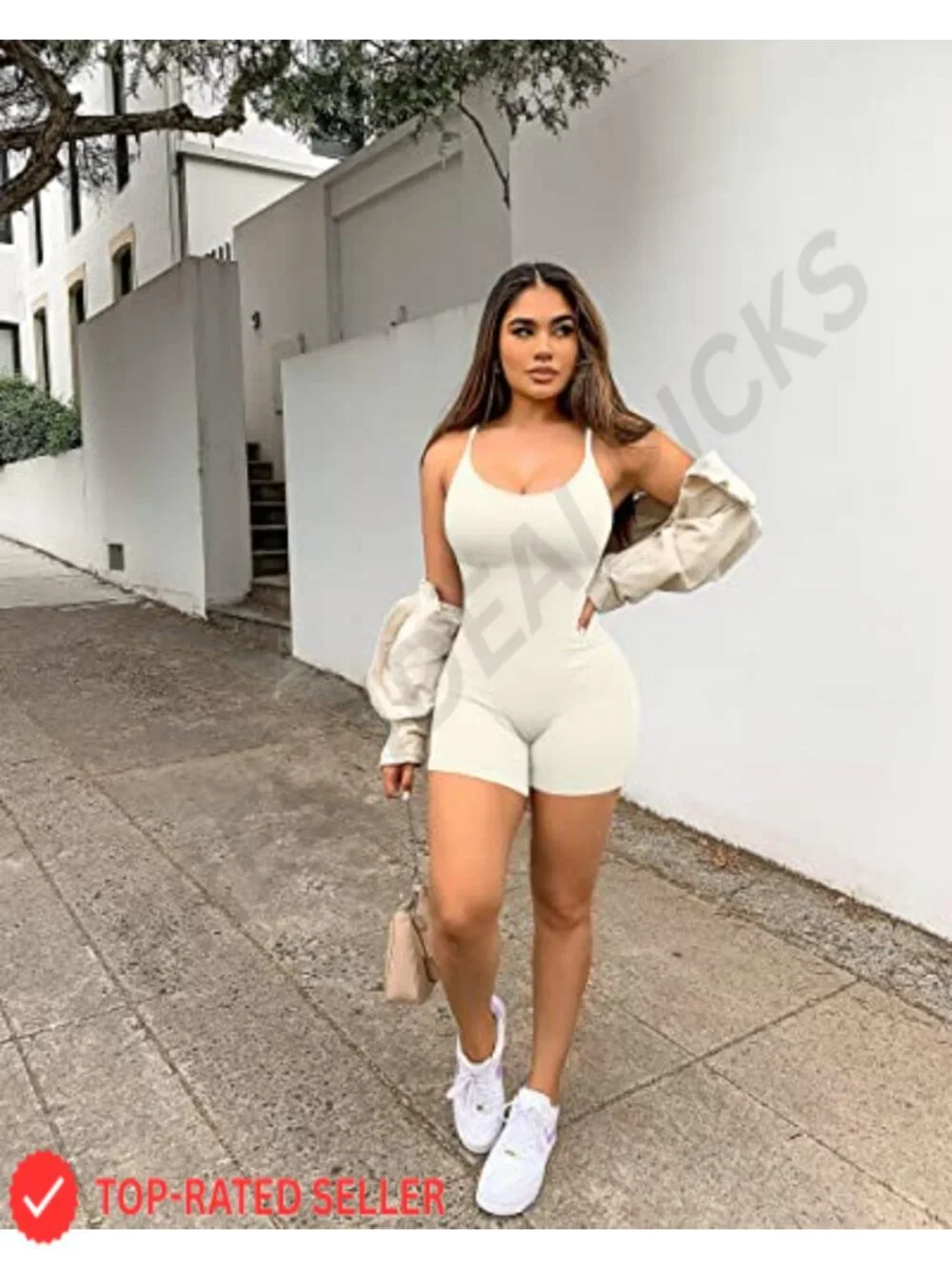 Women's Seamless Ribbed Yoga Romper Jumpsuit with Squat-Proof Tummy Control